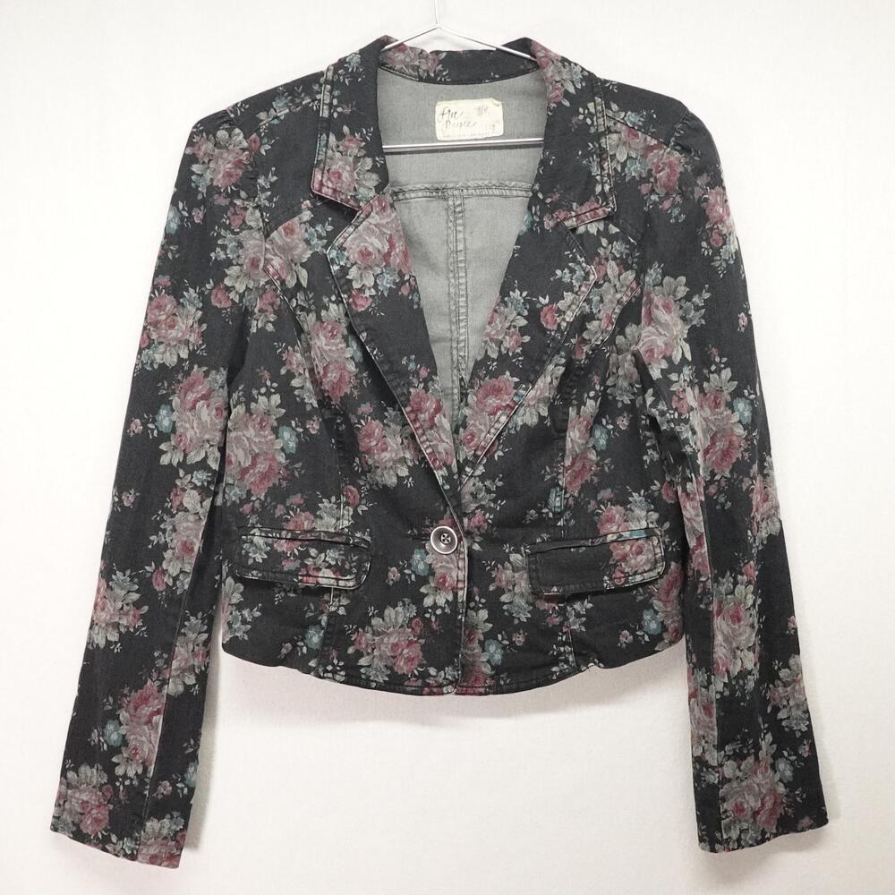 Free People Blazer Womens 12 Black Floral Cropped Boho Feminine Cottage